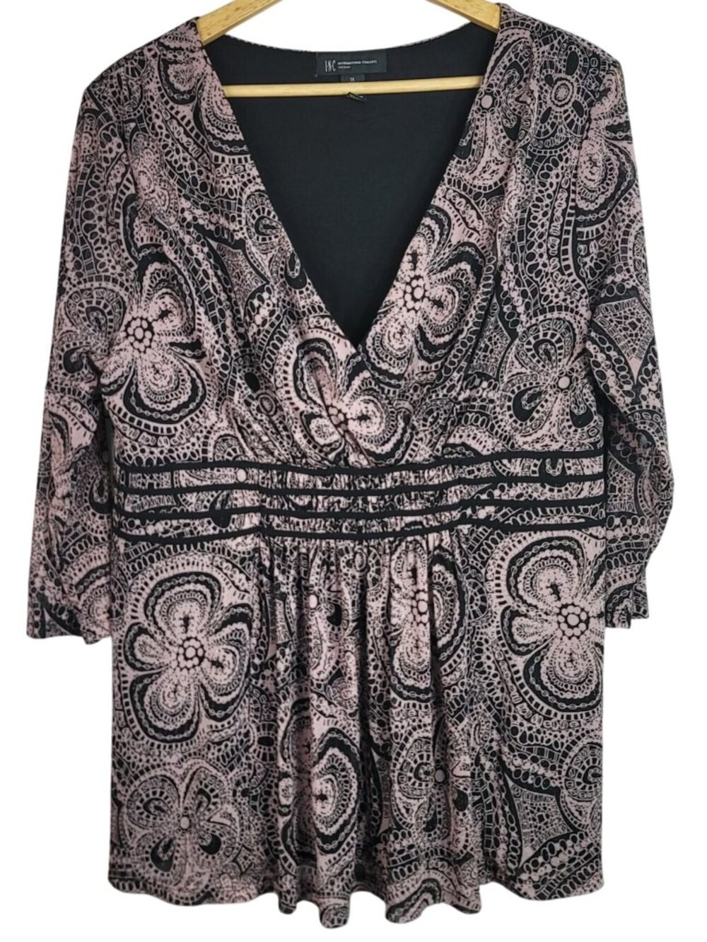 INC Womens Babydoll Top Pink Black 1X Paisley 3/4 Sleeve V Neck Gyspy Festival